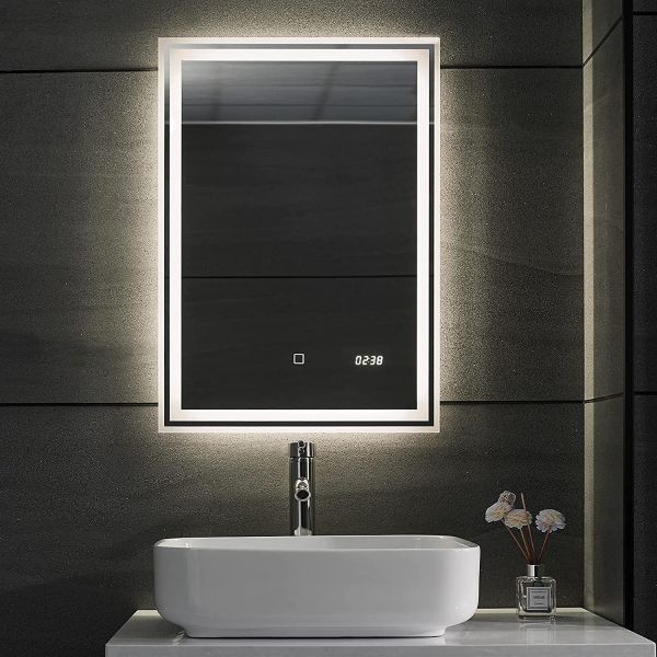 neef Verspreiding wit LED Badkamer spiegel 50x 70 cm, digitale klok, dimbaar, anticondensfunctie
