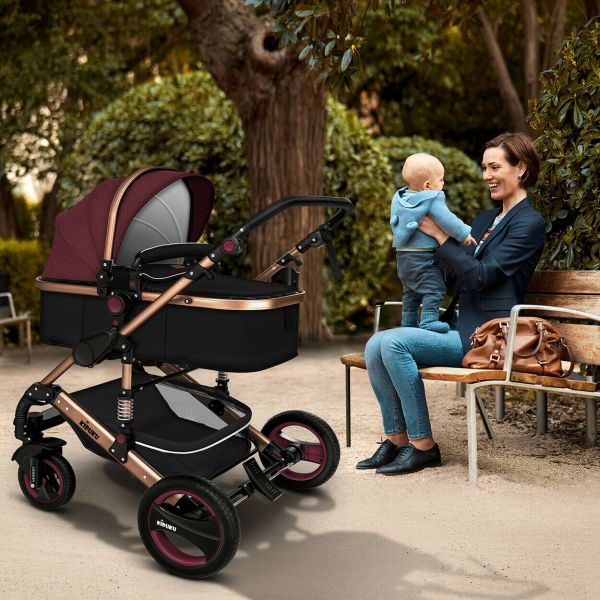 KIDUKU 3 in 1 combi kinderwagen bruin goud buggy incl. autostoeltje regenhoes inklapbaar