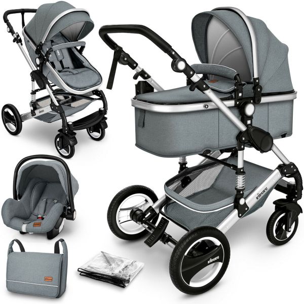 KIDUKU- 3 in 1 combi-kinderwagen- bruin/goud- incl. autostoeltje-regenhoes- inklapbaar