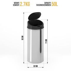 Jago- Vuilnisbak met sensor, 50 liter, roestvrij staal, waterdicht met klemring, automatische prullenbak, zilver