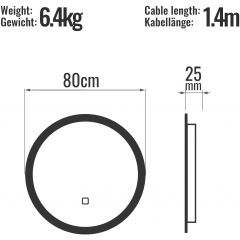 Aquamarin® LED badkamerspiegel - rond 80 cm, anti-condens, dimbaar, energiebesparend, bewegingsmelder, Touch, 3000-7000K, modelkeuze - badkamerspiegel, LED-spiegel, lichtspiegel, wandspiegel (Ø80cm)