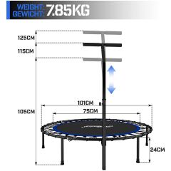 Physionics- Fitness trampoline - diameter 101 cm, in hoogte verstelbare handgreep, tot 120 kg, inklapbaar - mini-trampoline, aerobic trampoline voor volwassenen en kinderen, jumper, rebounder