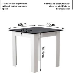 MIADOMODO- Vierkante eettafel, 80 x 80 x 76,5 cm, wit met zwart blad, voor 4 personen