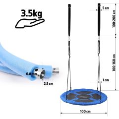 Physionics- Nestschommel - Outdoor/Indoor, tot 300 kg belasting, diameter 100 cm, voor kinderen en volwassenen, blauw - ronde schommel, bord schommel, tuinschommel, hangschommel, meerkindsschommel