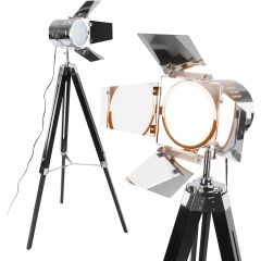 Jago® Staande lamp met statief van hout - verchroomd staal, LED, E27, in hoogte verstelbaar max. 148 cm, vintage/industrieel, kleurkeuze - drievoets staande lamp, staande lamp, studiolamp met statief (zwart mat)