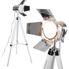 Jago® Staande lamp met statief van hout - verchroomd staal, LED, E27, in hoogte verstelbaar max. 148 cm, vintage/industrieel- drievoets staande lamp, staande lamp, studiolamp met statief (wit mat)