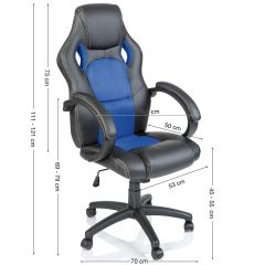 Racing bureaustoel zwart/blauw, gevoerde armleuningen, kantelmechanisme, gasveer SGS getest