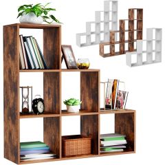 MIADOMODO- opbergrek- roomdivider- vintage bruin hout- 6 vakken-voor woonkamer- stabiel - vrijstaand- trapvormig rek- boekenkast-staand rek 