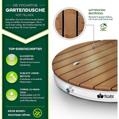 Tillvex® Tuindouche outdoor tot 4 m fonteinhoogte, ronde vloerdouche met voetwiel, buitendouche antislip, saunadouche, weerbestendig, campingdouche van aluminium/WPC/houtlook