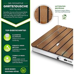 Tillvex® Tuindouche Outdoor tot 4 m fonteinhoogte, vloerdouche rechthoekig met voetwiel, buitendouche antislip, saunadouche, weerbestendig, campingdouche van aluminium/WPC/houtlook