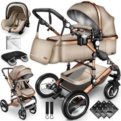 KIDUKU- 3 in 1 combi-kinderwagen- beige/goud- NIEUW MODEL- buggy incl. autostoeltje-regenhoes- inklapbaar