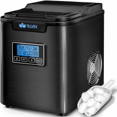 Tillvex ijsblokjesmachine RVS zwart 12 kg - 24 uur | IJsblokjesmaker met timer en watertank van 2,2 liter | IJsmaker LCD-display en zelfreinigende functie | 3 maten ijsblokjes