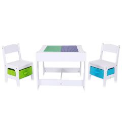 Baby Vivo- kinderzitgroep- kinderset met multifunctionele tafel en 2 houten stoelen -met opberglade- met bouwplaat-- Moritz