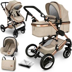 KIDUKU- 3 in 1 combi-kinderwagen- beige/goud- buggy incl. autostoeltje-regenhoes- inklapbaar
