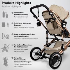 KIDUKU- 3 in 1 combi-kinderwagen- beige/goud- buggy incl. autostoeltje-regenhoes- inklapbaar