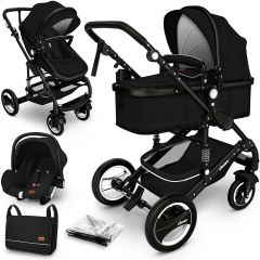 KIDUKU- 3 in 1 combi-kinderwagen- zwart- buggy incl. autostoeltje-regenhoes- inklapbaar