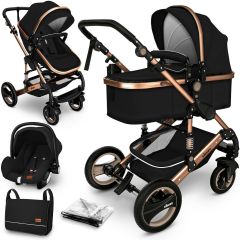 KIDUKU- 3 in 1 combi-kinderwagen- zwart/goud- buggy incl. autostoeltje-regenhoes- inklapbaar