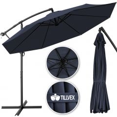 Tillvex Parasol Ø 3m donkerblauw -zweefparasol -hangparasol- vrijhangende parasol- tuinparasol- slinger-balkon- aluminium-kantelbaar