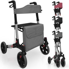 Jago® rollator - 6-voudig in hoogte verstelbaar, grijs, zitting met rugleuning, 3-voudig opklapbaar, licht, 4 wielen, remmen, boodschappentas, wandelstokhouder, kleurkeuze - loophulp, rollator
