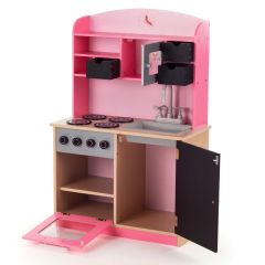 Roze, houten speelkeuken, kinderkeuken met schoolbord