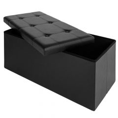 Poef, klein, hocker, 80x40x40 cm, zitbank met opbergsysteem, opvouwbaar, zwart