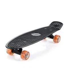 Skateboard, penny board, met LED lampjes in wielen, zwart-oranje, retro, met PU-dempers